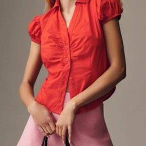 Mauve Red Button-Up Puff Sleeve Top